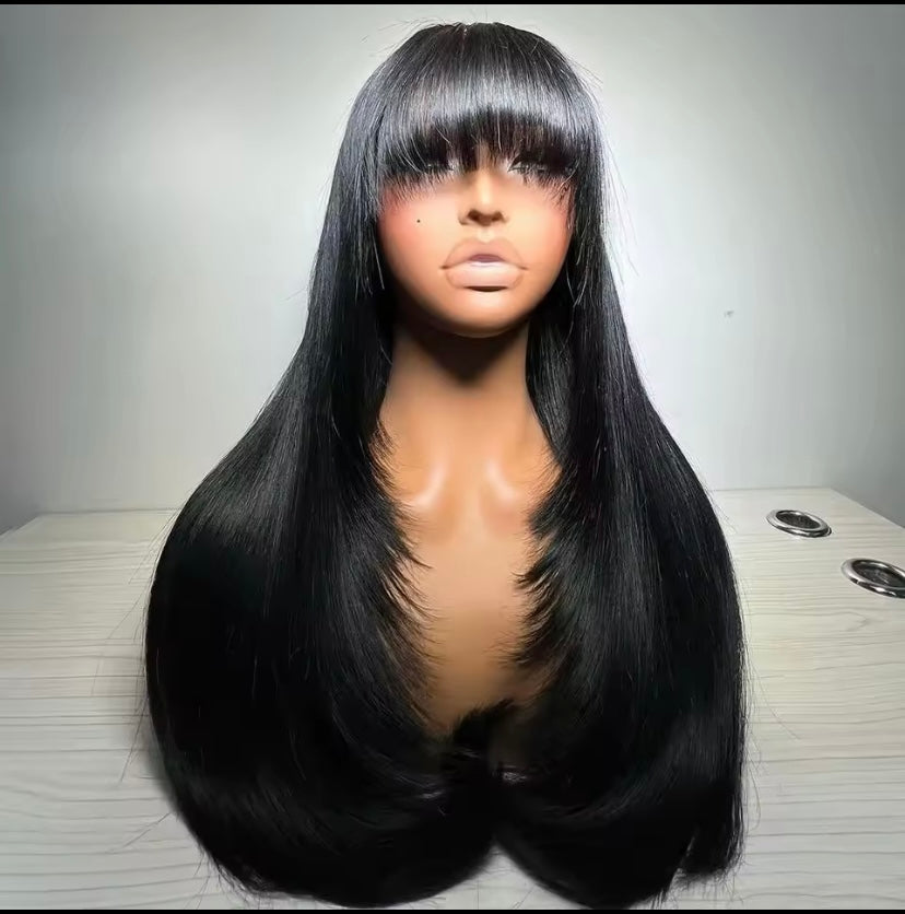 Glueless black wig with bangs
