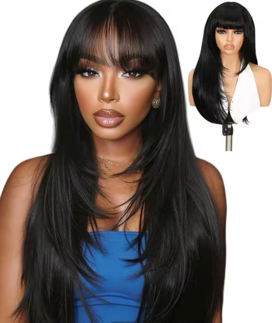 Glueless black wig with bangs