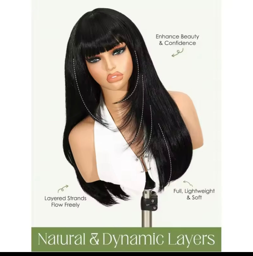 Glueless black wig with bangs