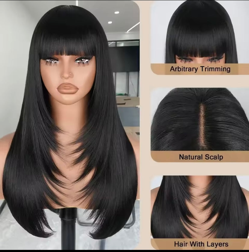 Glueless black wig with bangs