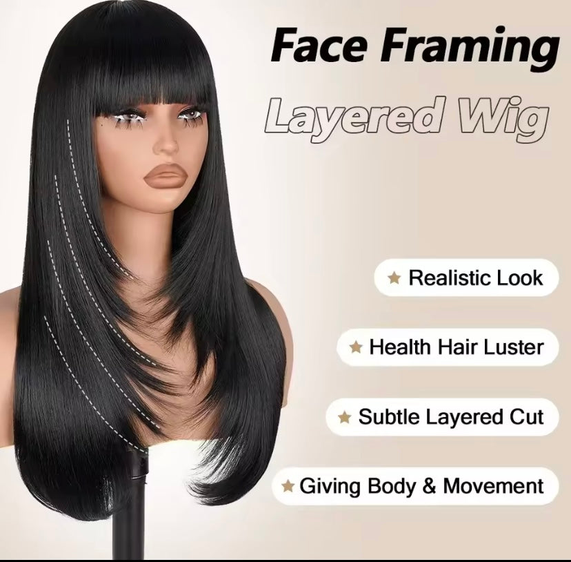 Glueless black wig with bangs
