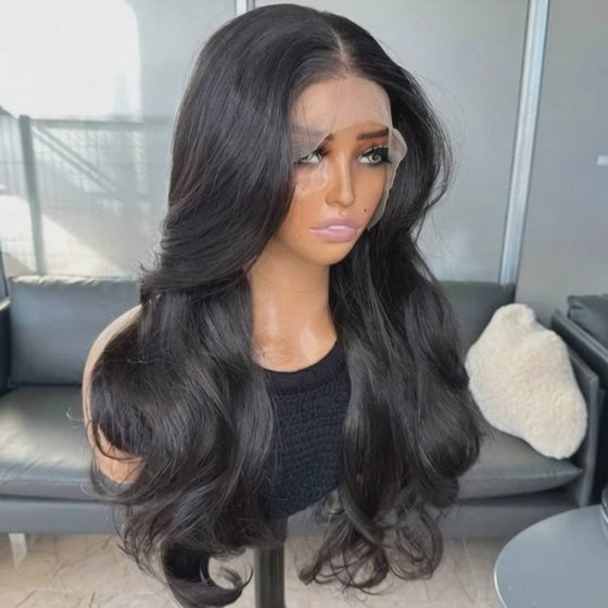 Natural Black Curtain Bangs Human blend Lace Front Wig